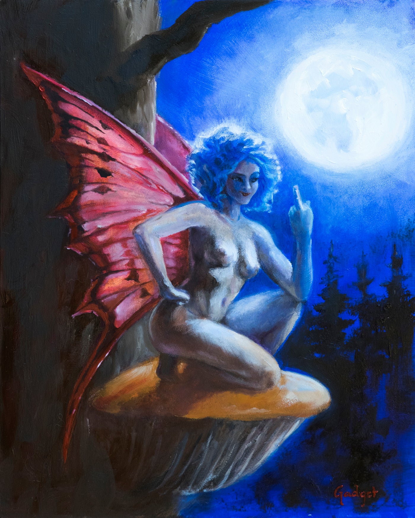 MOONLIGHT FUCK OFF FAIRY by artist Gadget - ORIGINAL OIL ON WOOD PANEL